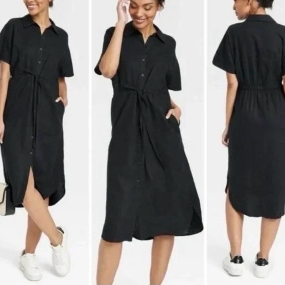 a new day Black Midi Shirt Dress with Drawstring Waist 1x